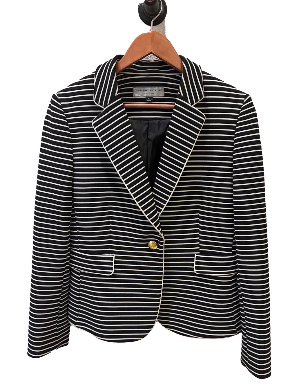 Tahari Levine Studio black and white striped blazer with Gold Button Size 10